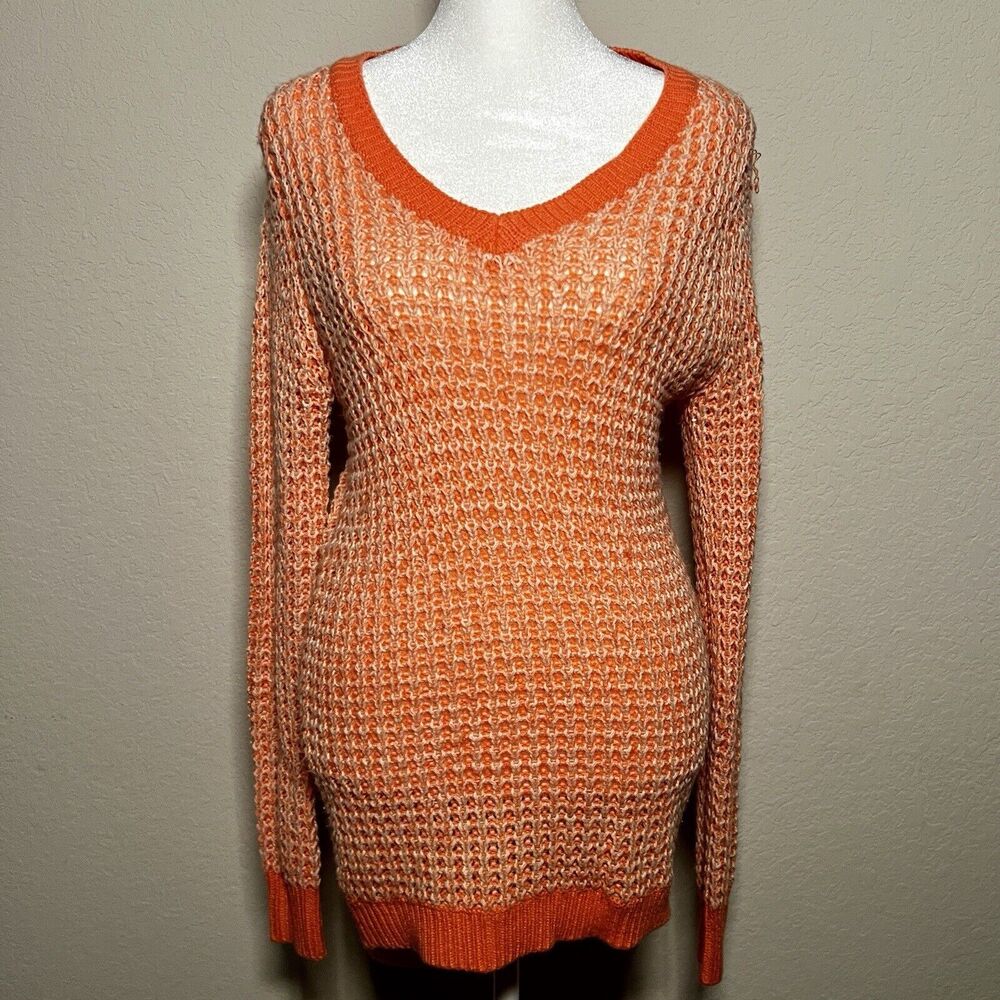 POOF Open-Knit V-Neck Sweater Size Medium - Hi Low Hem - Citrus Stitch Color